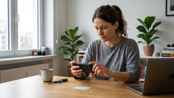 Smartphone zeigt digitalen Identifikationsprozess mit Personalausweis und Gesichtsscan