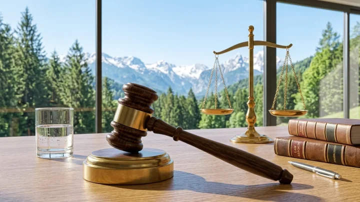 Justizgebäude mit Gesetzbuch und Richterhammer als Symbol für ein Strafverfahren