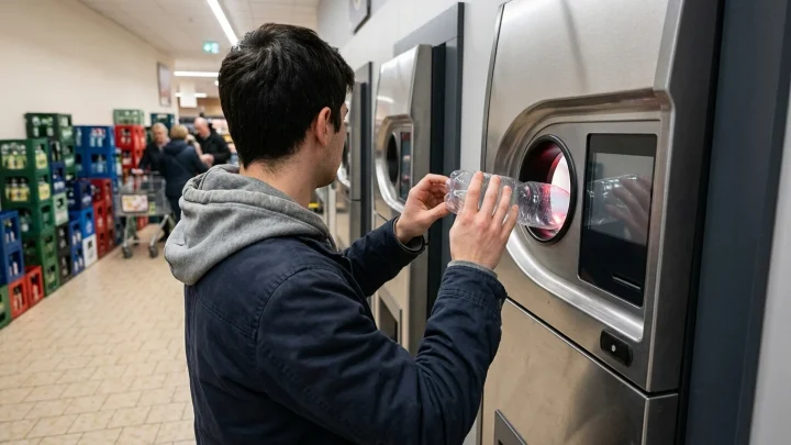 Nahaufnahme einer Einweg-Pfandflasche, die in die Öffnung eines modernen Leergutautomaten im Supermarkt geschoben wird