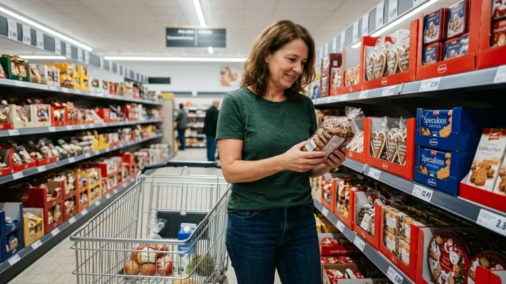 Weihnachtliches Gebäck und Süßwaren im Supermarktregal