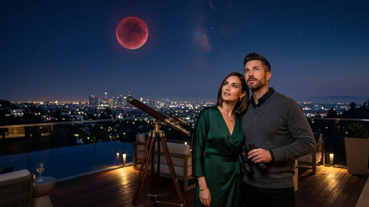 Mondfinsternis mit rötlich leuchtendem Mond am Himmel
