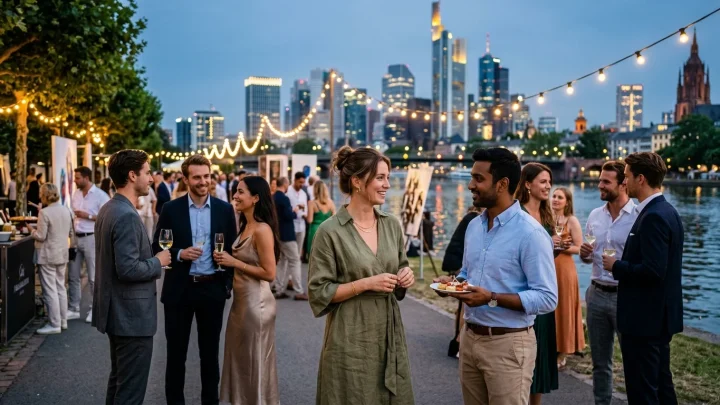 Blick auf die Frankfurter Skyline bei Nacht während des Museumsuferfests mit beleuchteten Museumsgebäuden am Mainufer.