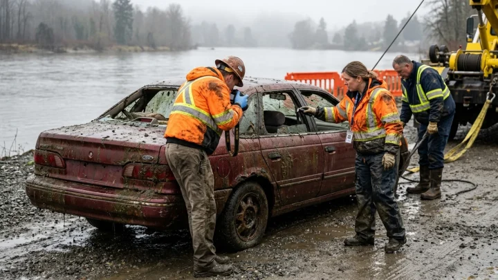 Verschlammtes Autowrack wird mit einem Kran aus dem Wasser geborgen