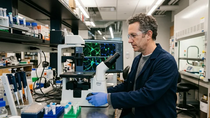 Mikroskopische Darstellung von Nanopartikeln an menschlichen Nervenzellen