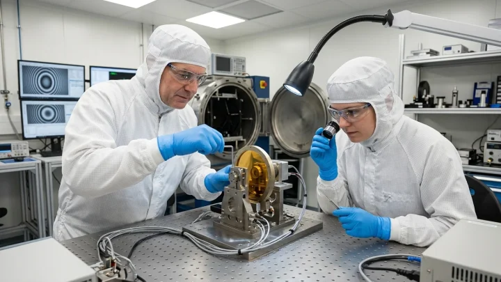 Präzisionsoptik und Infrarot-Spiegelmechanik für ein Weltraumteleskop im Reinraum