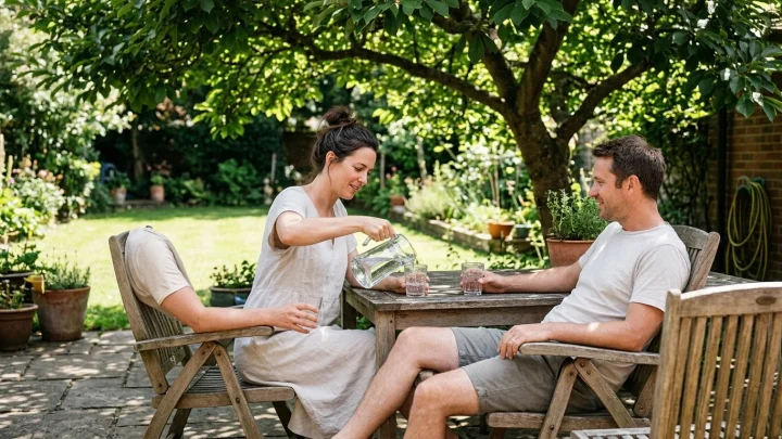 In einem gepflegten Garten steht ein Baum, der einen Schatten wirft. Darunter ist eine gemütliche Tisch-Sitzgruppe arrangiert.
