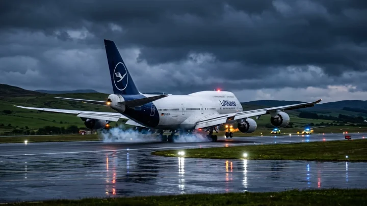 Eine Lufthansa Boeing 747-8 auf dem Rollfeld eines Flughafens.