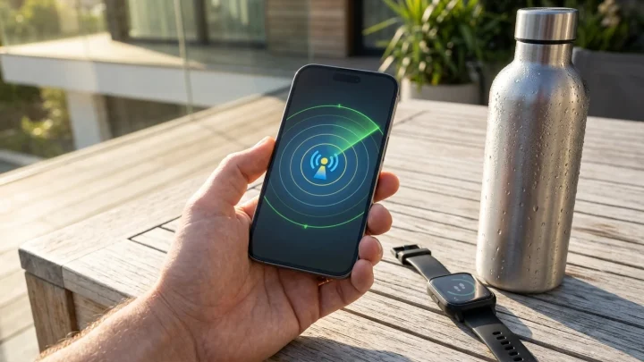 Smartphone mit aktivierter digitaler Notruf-Funktion vor einem Rettungswagen