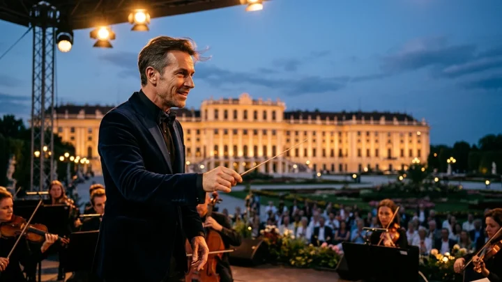 Das Münsteraner Schloss bei sommerlichem Wetter mit Bühne für das NRW Sommerkonzert.