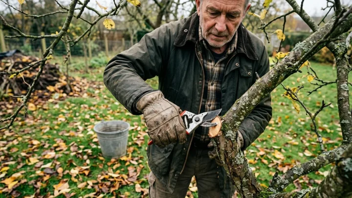 Gärtner schneidet mit einer scharfen Astschere Zweige an einem Obstbaum im Spätsommer