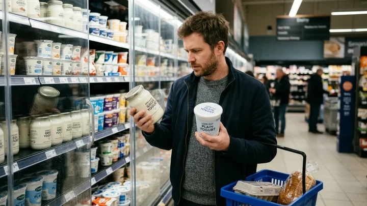 Nahaufnahme einer Person, die aus einem Plastikbecher Joghurt isst