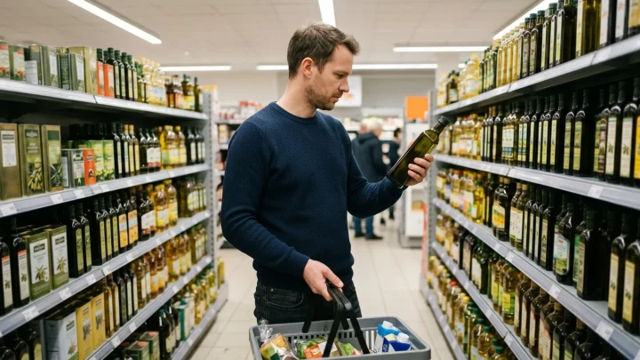 Frisches Olivenöl wird aus einer Flasche in eine Schale gegossen