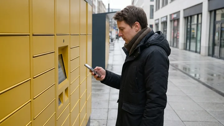 Ein Smartphone mit geöffneter DHL App vor dem Bildschirm einer gelben DHL Packstation