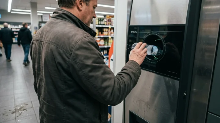 Nahaufnahme eines modernen Leergutautomaten im Supermarkt bei der Annahme einer PET-Einwegflasche