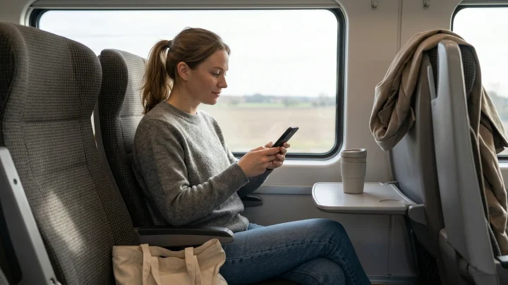 Junge Frau im Zug blickt auf ihr Smartphone