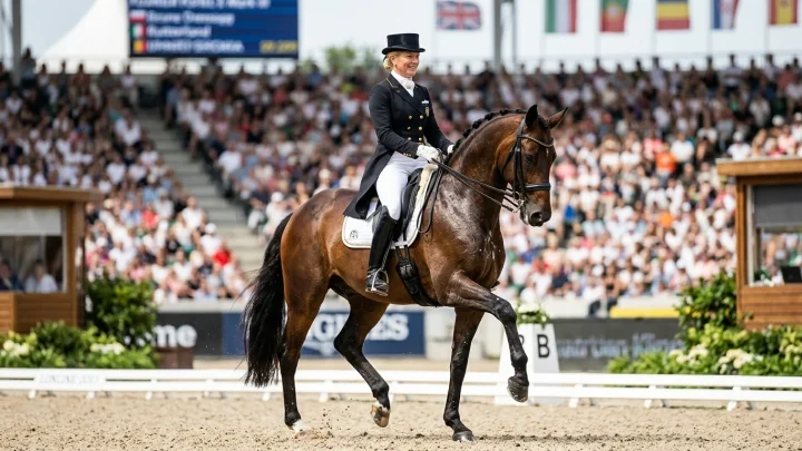 Dressur-Wettbewerb im ausverkauften Aachener Reitstadion bei der Weltmeisterschaft 2026.