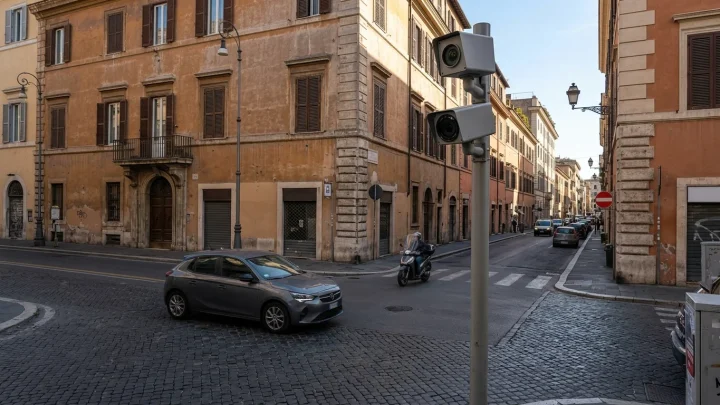 Hinweisschild und Kameraüberwachung an der Zufahrt zu einer italienischen ZTL-Zone