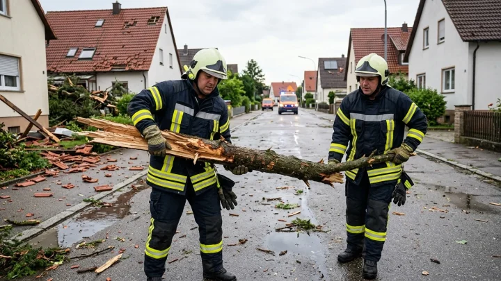 Einsatzkräfte sichern beschädigte Dächer nach schwerem Unwetter