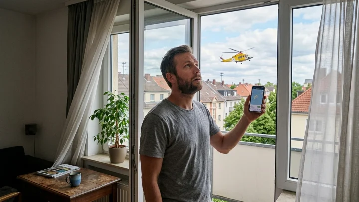 Gelber Rettungshubschrauber landet auf einer Wiese im Wohngebiet
