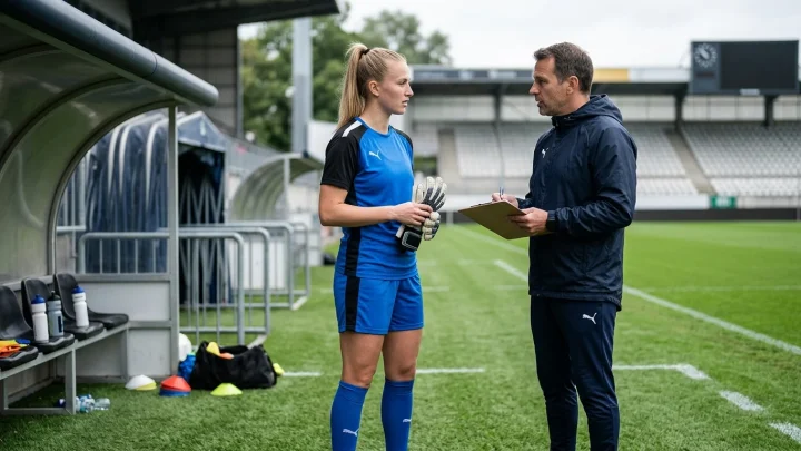 Josefine Osigus mit Schalker Torwarttrikot vor der Veltins-Arena