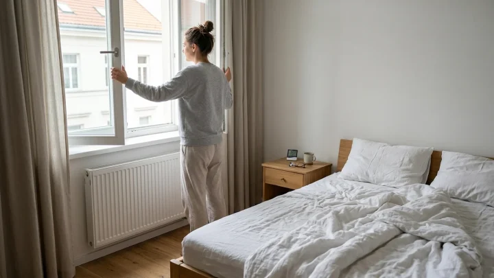 Hygrometer misst Raumtemperatur und Luftfeuchtigkeit im Schlafzimmer