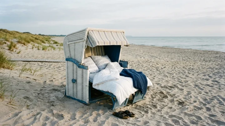 Ein geöffneter Schlafstrandkorb am Sandstrand