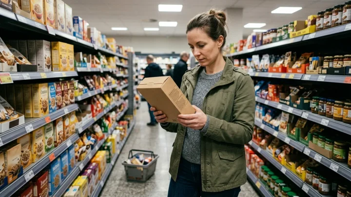 Verbraucher betrachtet skeptisch ein grünes Biosiegel auf einer Produktverpackung im Supermarkt