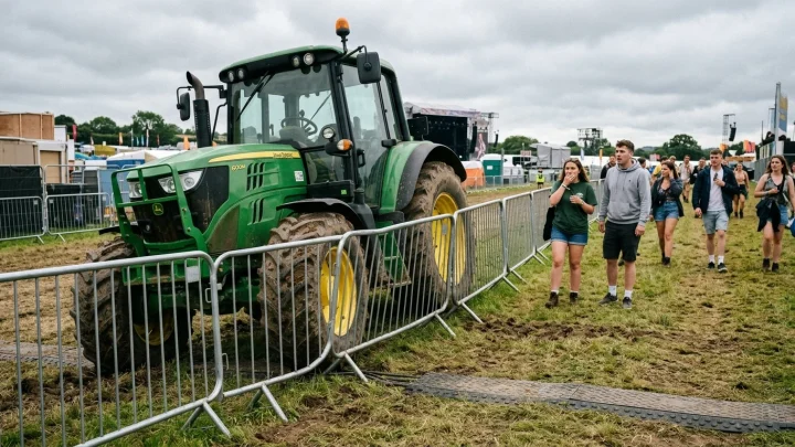 Ein Traktor steht am Rande eines Festivalgeländes neben Absperrgittern