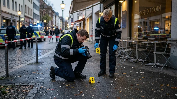 Polizeiliche Absperrung mit rot-weißem Trassierband nach Schussabgabe vor einem Café