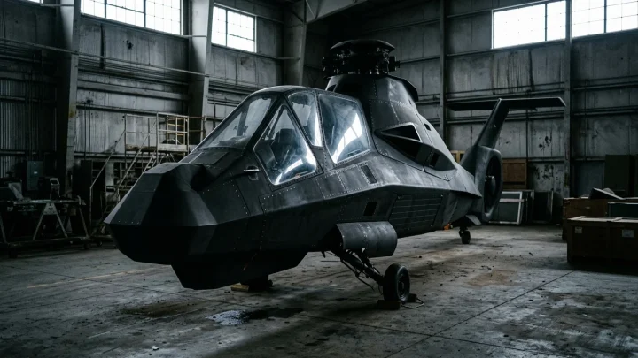 Der RAH-66 Comanche Stealth-Hubschrauber in einer Lagerhalle.