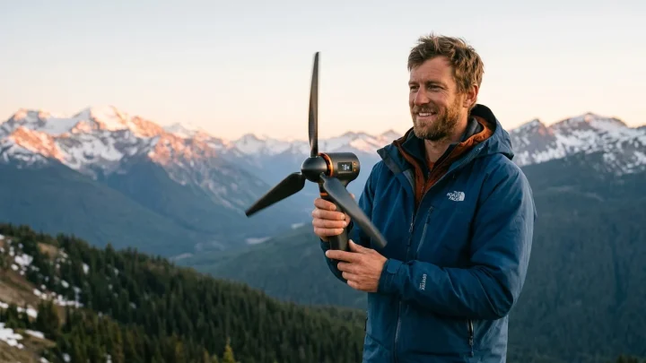 Die portable Windturbine Shine 2.0 im aufgeklappten Zustand.