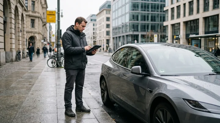 Frontpartie eines modernen Elektroautos mit sichtbaren Kameras und Sensoren