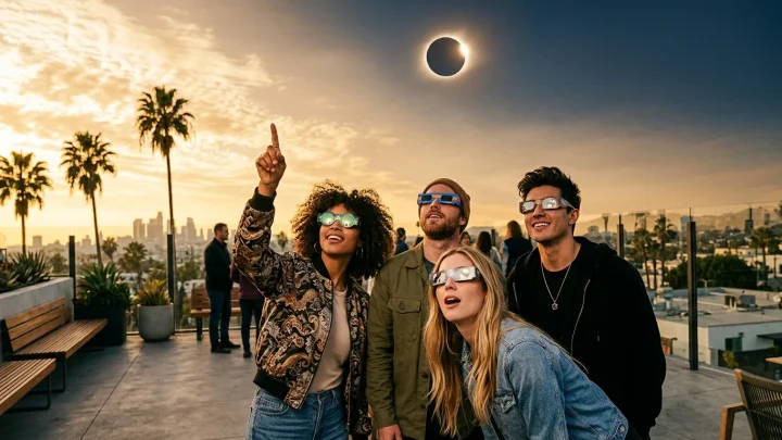 Menschen beobachten die Sonnenfinsternis von einer Yacht aus vor der Küste von Ibiza.