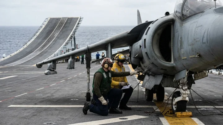 Kampfjet vom Typ Harrier landet auf dem spanischen Kriegsschiff Juan Carlos I
