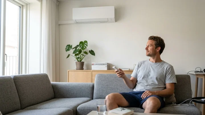 Moderne Split-Klimaanlage an einer weißen Wand im Wohnzimmer