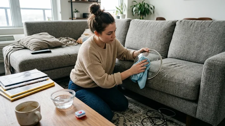 Ein aufgelöster Spülmaschinentab in einer Schüssel mit warmem Wasser neben einem Mikrofasertuch auf einem grauen Polstersofa