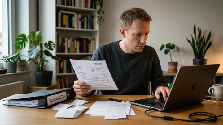 Person arbeitet am Laptop an der Steuererklärung mit Belegen und Taschenrechner