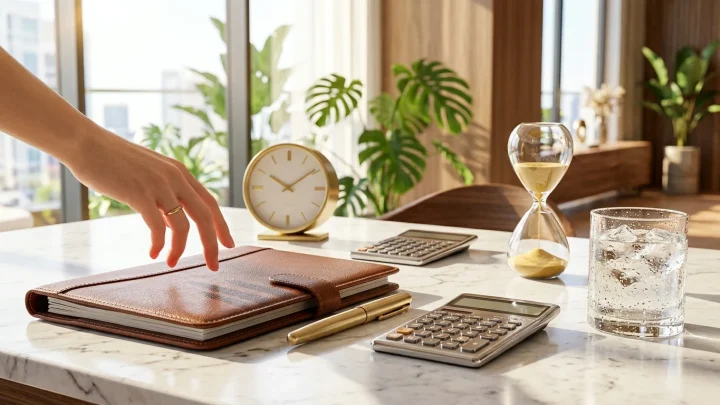 Formulare zur Einkommensteuererklärung mit Taschenrechner und Kalender mit markiertem Fristdatum