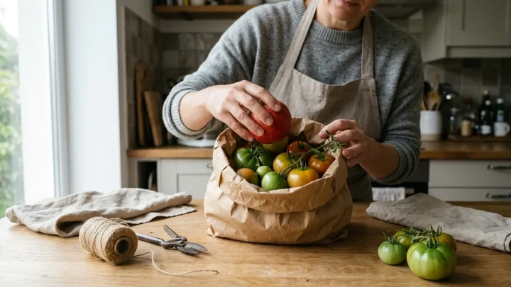 Grüne und reifende Tomaten liegen zusammen mit einem reifen Apfel in einer Papiertüte