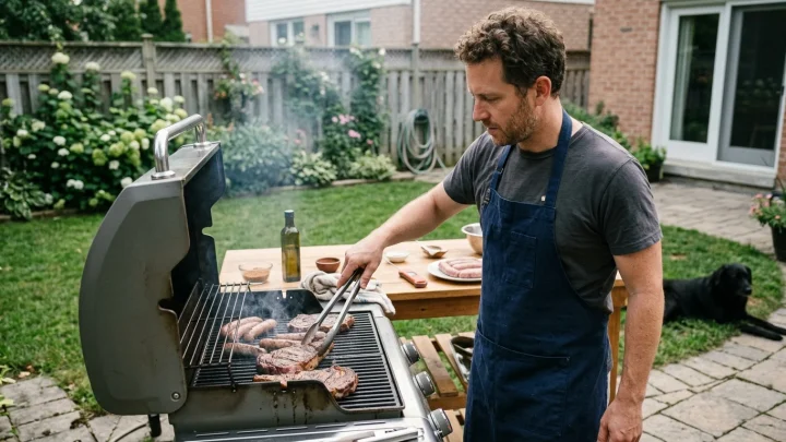 Moderner Gasgrill mit geöffnetem Edelstahldeckel auf einer Terrasse im Praxistest