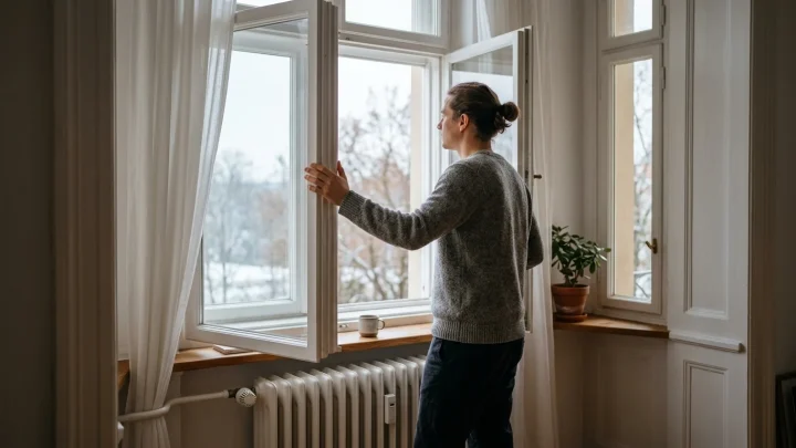 Vollständig geöffnetes Fenster in einer Wohnung im Winter