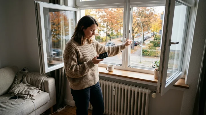 Geöffnetes Fenster im Herbst mit Blick auf buntes Laub