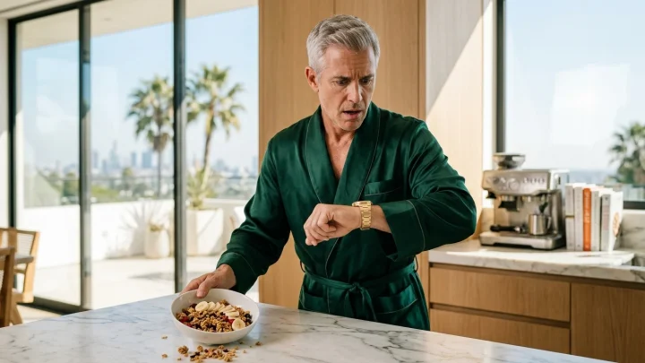 Mann isst morgens Müsli aus einer Schale am Esstisch