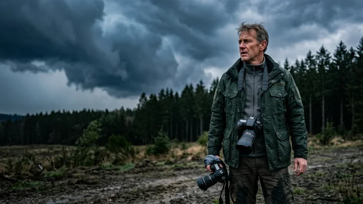 Eine dramatische Wetterfront zieht über die Hügellandschaft des Westerwaldes, dunkle Wolken hängen tief über den Wäldern.