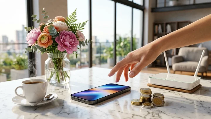 Sunrise Logo auf einem Smartphone-Display neben einer monatlichen Telefonrechnung