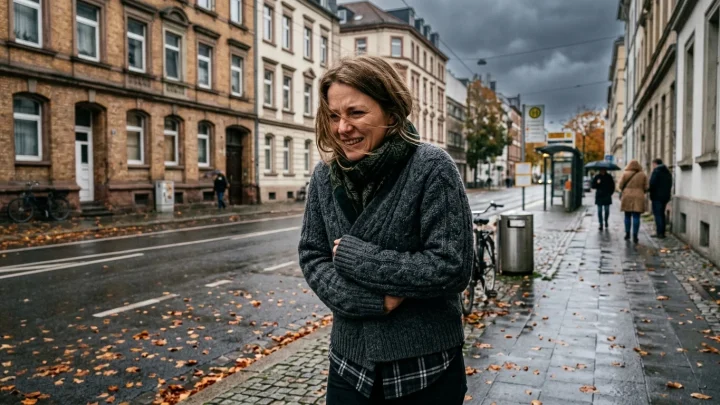 Dunkle Regenwolken und Sturm ziehen über eine deutsche Stadtlandschaft im September