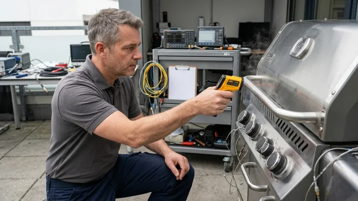 Gasgrill im Hitzetest mit Messfühlern im Prüflabor