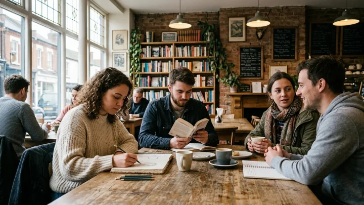 Teilnehmer sitzen ohne Mobiltelefone an Holztischen in einem Café