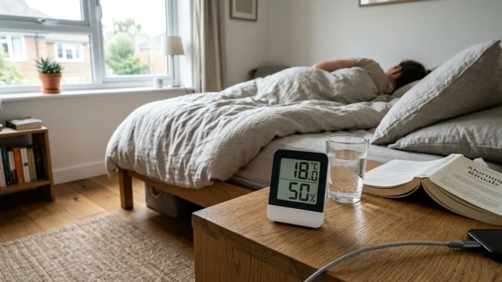 Digitales Thermo-Hygrometer auf einem Nachttisch im Schlafzimmer