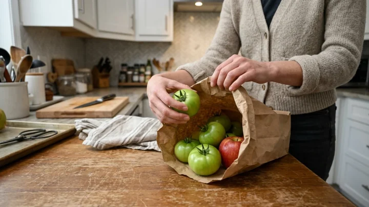 Grüne und rote Tomaten zusammen mit einem Apfel in einer Papiertüte